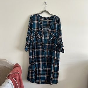 Teal plaid drawstring shirt dress